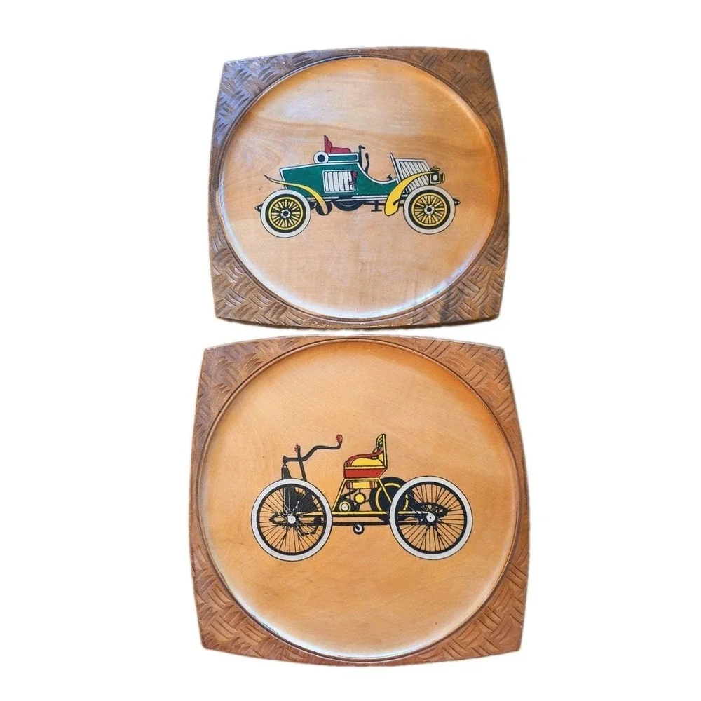 2-VTG 1960/70s Nevco Wood Wall Hanging Plaques Antique Cars/Bike 9.25